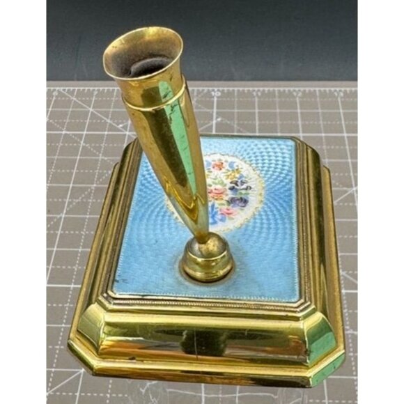 Vintage Sterling Silver Blue Guilloche Enamel  Floral Desktop Pen Holder Paperwe - Picture 4 of 9